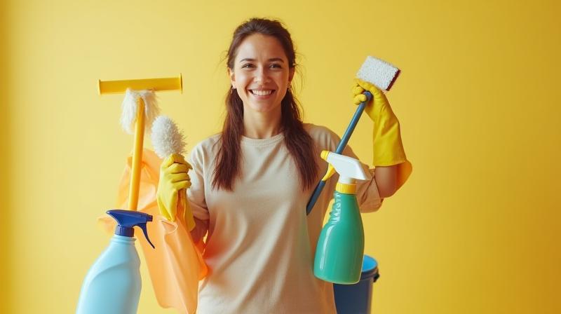 Motivated person confidently holding professional cleaning tools